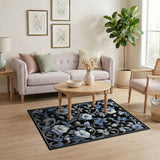 Blue Floral Vintage Area Rug on Black