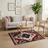 ODIKA Southwestern Geometric Washable Area Rug - Red & Navy Blue Low Pile Non-Slip Carpet