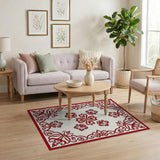 Red Papercut Floral Area Rug with Ornate Border