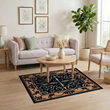Intricate Black Tribal Pattern Rug with Tan Border