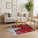 Festive Cartoon Snowman Red Area Rug