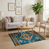 Teal Orange Distressed Southwestern Geometric Rug