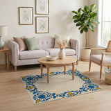 Azulejo-Inspired Blue Floral Border Area Rug