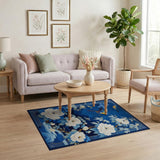 Navy Blue Peony and Colorful Birds Oriental Rug