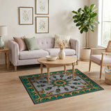 Ornate Green Gold Sunburst Persian Medallion Rug