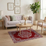 Ornate Red Persian Area Rug with Intricate White Motifs