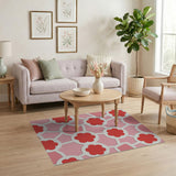 Vibrant Red Flowers Pink Lattice Area Rug