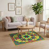 Vibrant Yellow Persian Medallion Rug with Teal Florals