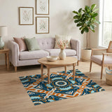 Blue Teal Boho Mandala Area Rug with Orange Accents