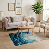 ODIKA Ocean Wave Washable Rug - Coastal Starfish Blue Nautical Area Rug, Low Pile & Non-Slip