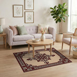 Ornate Beige Persian Medallion Rug with Maroon Border