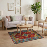 Vibrant Red Teal Heritage Tribal Area Rug