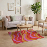 ODIKA Retro Wavy Pink & Orange Washable Area Rug - Low Pile, Non-Slip, Pet & Kid Friendly