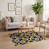 Ornate Yellow Damask Area Rug - Black White Motifs