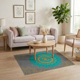 Teal Lotus Mandala Area Rug with Gold Accents