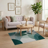 Teal Green Leaf Circles Abstract Area Rug