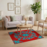 Vibrant Red Cyan Snowflake Geometric Rug