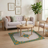 Ornate Blue Gold Starburst Frame Area Rug