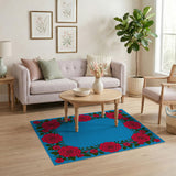 Red Roses Floral Border Blue Area Rug