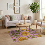 Vibrant Yellow Roses on Pink Floral Area Rug