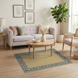 Beige and Neutral Beige Persian Rug with Teal Floral Border