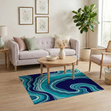 Teal Navy Marble Wave Abstract Area Rug