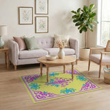 Vibrant Yellow Area Rug with Pink Blue Floral Borders