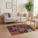 Festive Red Green Geometric Holiday Patchwork Rug