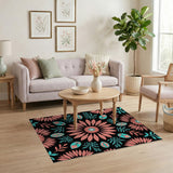 Coral Pink Sunflower Teal Leaf Black Area Rug