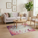 ODIKA Washable Pink Floral Butterfly Area Rug - Low Pile Non-Slip Kids & Pet Friendly Carpet