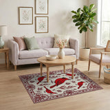 Red Cardinal Birds Area Rug with Ornate Frame