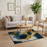 ODIKA Modern Abstract Blue and Gold Washable Rug - Low Pile Non-Slip Area Rug