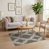 Black Damask Motif Beige Area Rug