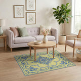Elegant Blue Floral on Yellow Vintage Area Rug
