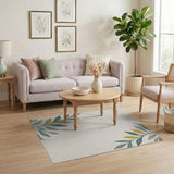 Serene Teal Leaf Border Beige Area Rug