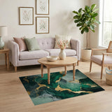 ODIKA Emerald Green and Gold Marble Washable Rug - Non-Slip Low Pile Modern Abstract Area Rug