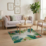 Lush Green Palm Leaf Area Rug with Coral Blooms