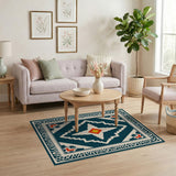 Blue and Teal Teal Geometric Heritage Tribal Area Rug