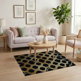 Gold Hexagon Geometric Area Rug on Black