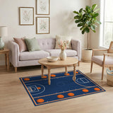 Basketball Court Navy Blue Area Rug with Orange Balls