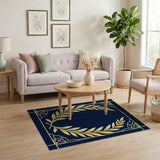 Navy Blue Gold Laurel Wreath Area Rug