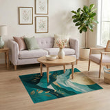 ODIKA Modern Abstract Mountain Teal & Gold Washable Area Rug - Low Pile, Non-Slip, Pet & Kid Friendly