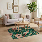 Pink Parrots Floral Leaves Green Area Rug