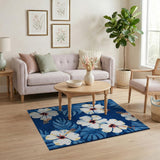 Navy Hibiscus Blooms with Palm Leaves Area Rug