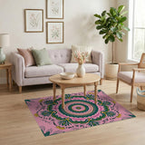 Vibrant Pink Mandala Rug with Green Lotus Leaves