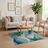 Blue and Teal Teal Blue Abstract Ocean Wave Area Rug
