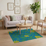 Vibrant Blue Leaf Flower Pattern Area Rug