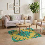Teal Mandala Persian Area Rug on Yellow