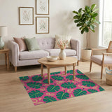 Pink Monstera Leaves with Tribal Swirls Area Rug