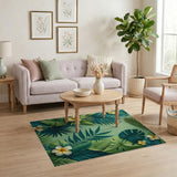 Lush Green Monstera and Plumeria Leaf Rug